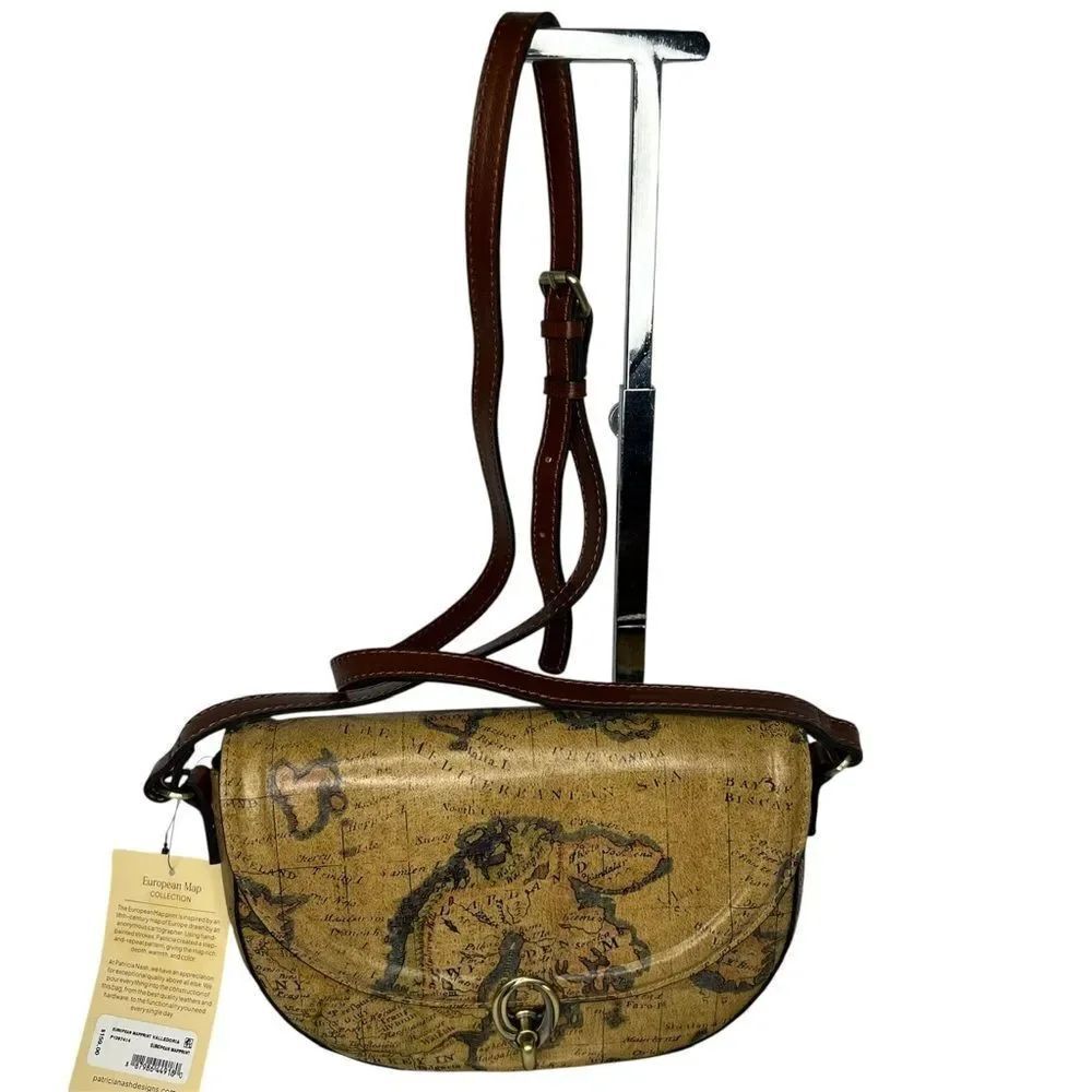 New Patricia Nash Valle Doria Map Print Brown Leather Small Crossbody Bag Travel